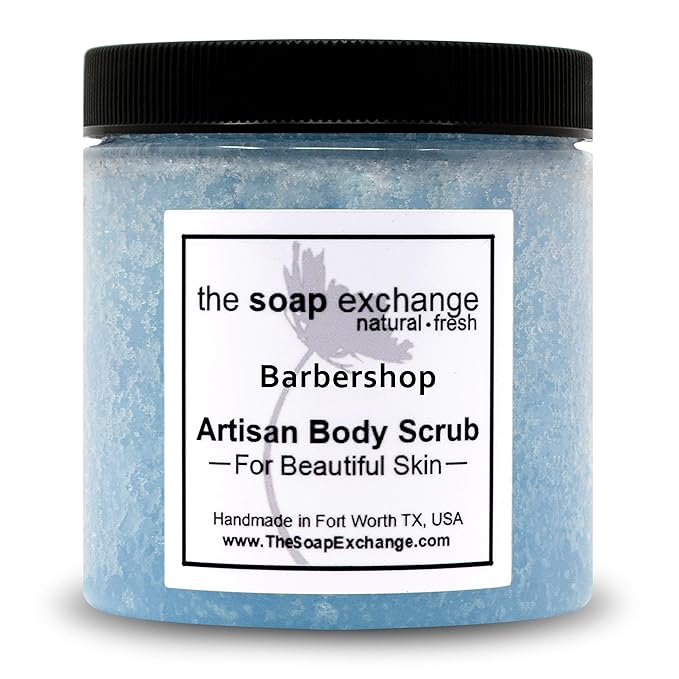 The Soap Exchange Sugar Body Scrub - Barbershop Scent - Hand Crafted 8 fl oz / 240 ml Natural Artisan Skin Care, Shea Butter, Exfoliate, Moisturize, & Protect. Made in the USA.