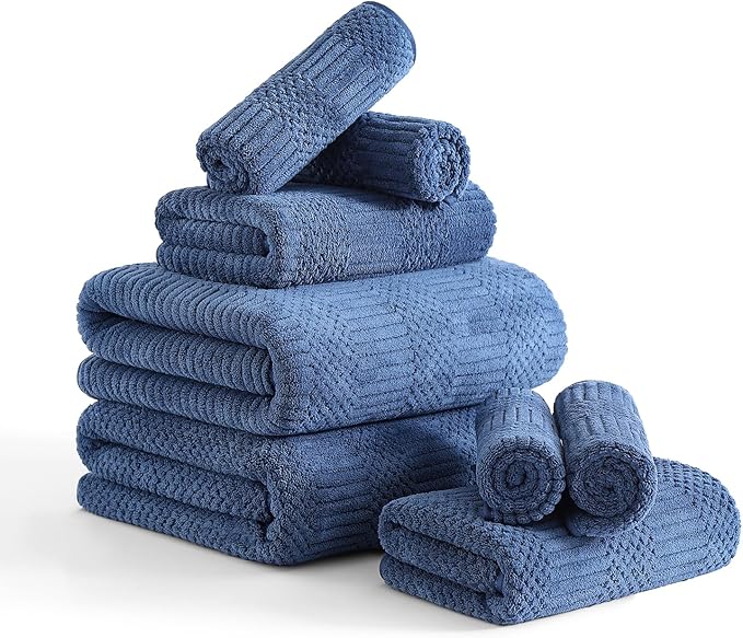 8 Piece Bath Towel Set-2 Oversized Bath Sheets(35"x70"),2 Hand Towels,4 Washcloths-Extra Large Microfiber Towel Sets,Less Lint Highly Absorbent & Quick Dry Bath Towels for Bathroom Gym Pool,Navy