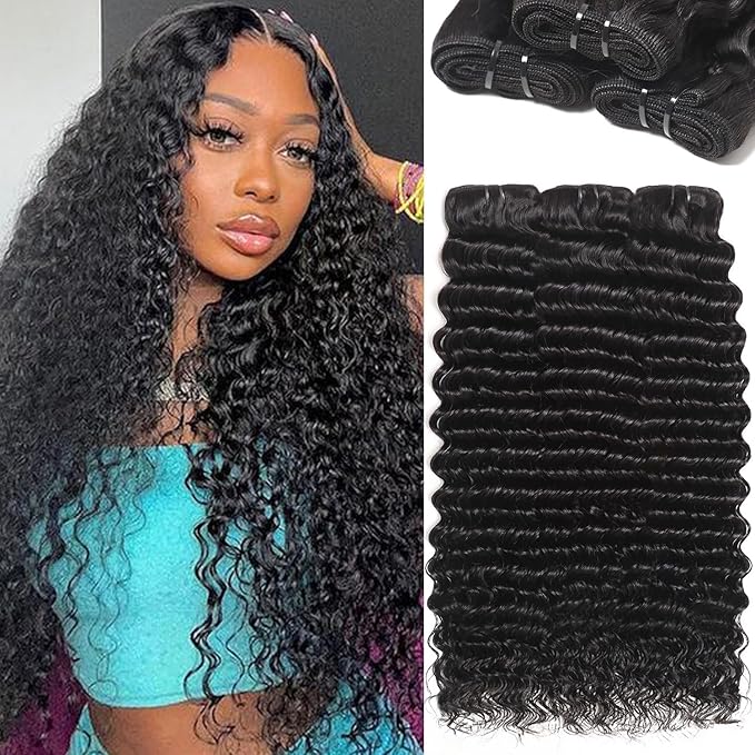 12A Brazilian Deep Wave Bundles Human Hair 3 Pcs 20 20 20 Inch Deep Wave Bundles 100% Unprocessed Virgin Remy Hair Bundle Deep Curly Human Hair Weft for Black Women Natural Color