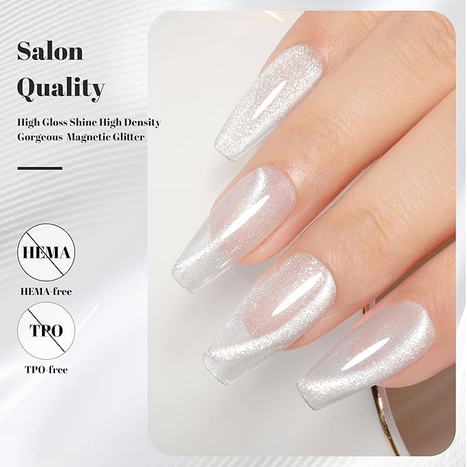 YTD Likomey Cat Eye Gel Nail Polish,Crystal 15ml Bright Silver Magnetic Shimmer Shimmer Glitter Translucent Shiny Fall Winter Salon Home UV Nail Varnish with Magnet Stick,HEMA Free TPO Free,MY518