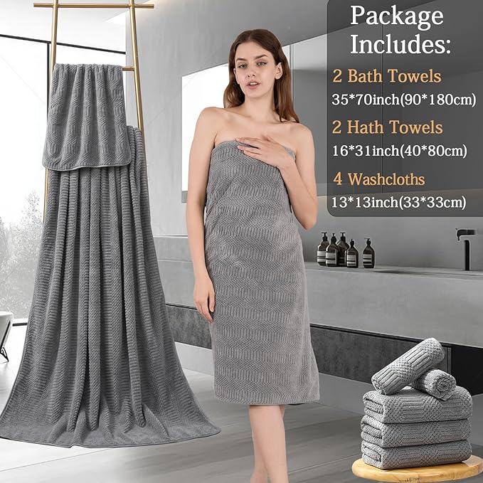 8 Piece Bath Towel Set-2 Oversized Bath Sheets(35"x70"),2 Hand Towels,4 Washcloths-Extra Large Microfiber Towel Sets,Less Lint Highly Absorbent & Quick Dry Bath Towels for Bathroom Gym Pool,Grey