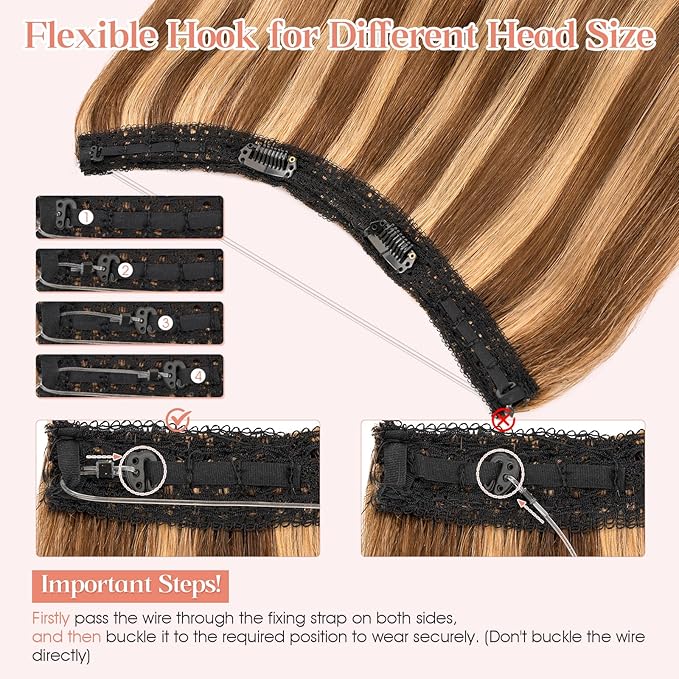 Hairro Wire Hair Extensions Human Hair, Fish Line Invisible Adjustable & Clips in Extensions Straight, 100% Real Hairpieces Seamless Blending for Women, 14 Inch 70g Medium Brown Mix Dark Blonde