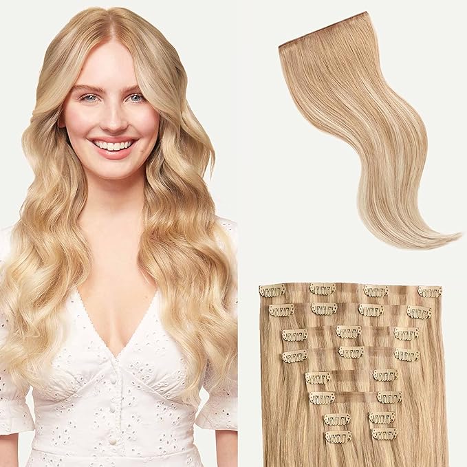 Luxy 100% Remy Human Hair - Seamless Clip-In Hair Extensions - Multi-Dimensional Color for Natural Blending, Adds Volume & Length 160 grams 16" Blonde Balayage Seamless