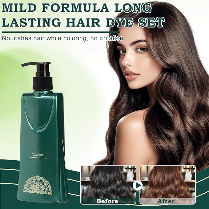 Mild Formula Long Lasting Hair Dye Set, Plant-Based Hair Color, New 3 In1 Shampoo Hair Dye, Single Agent Hair Dyeing Cream, Nourishing, Natural, Long-Lasting Shampoo for Gray Coverage (Dark Brown)