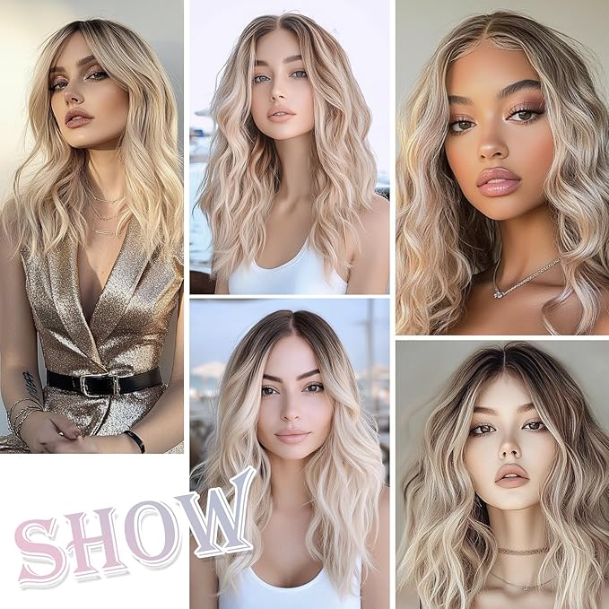 Medium Length Ombre Blonde Ash Wavy Wigs for Women 18 Inch Middle Part Wavy Blond Wig Natural Looking Dirty Blonde Synthetic Heat Resistant Fiber Dark Roots Wig for Daily Party Halloween