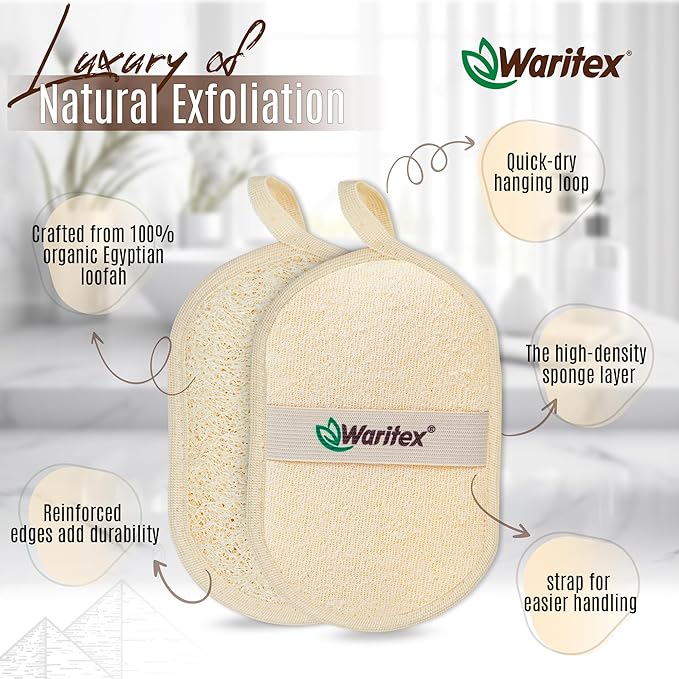 Waritex Egyptian Loofah Exfoliating Body Scrubber with Hand Strap, Oval Shower Pads Made from Natural Egyptian Loofah Fibers, Gentle Cleansing for Face and Body, for Men and Women 3 Count (1 Pack)