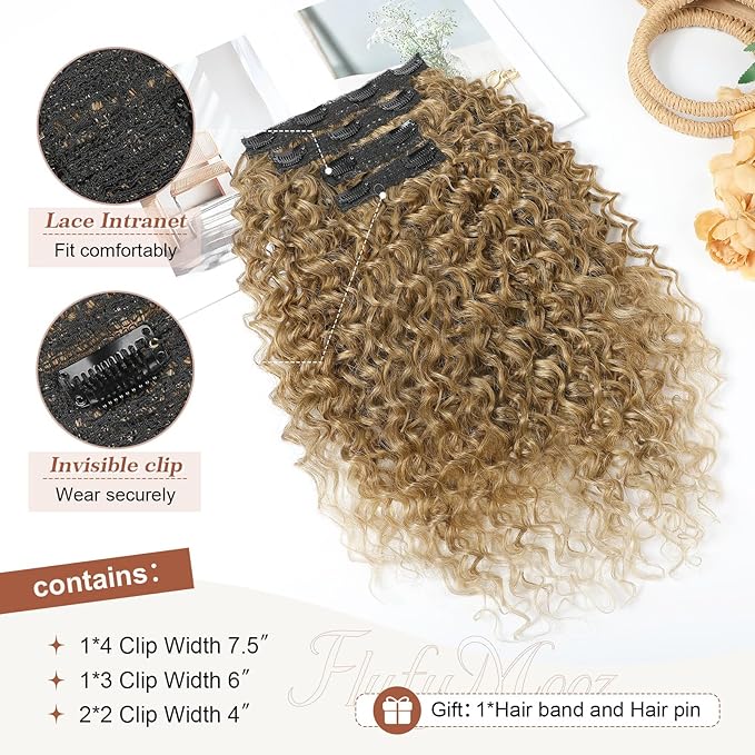 Clip in Hair Extensions, FLUFYMOOZ 4PC 100％ Pure Protein Silk Hair Extensions Long Soft Natural Hairpiece 20 Inch Curly Hair Extension for Women (Dark Blonde to Light Brown)