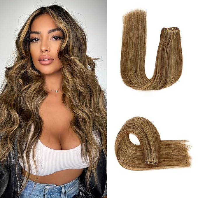 Sew in Hair Extensions Real Human Hair, 110g 20 inch Medium Brown Highlight Honey Blonde Weft Hair Extensions Remy Straight Weave Bundles