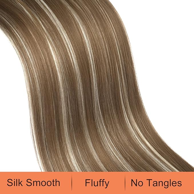 SEIKEA 28" Ponytail Extensions Drawstring Long Straight Fake Pony Tail Natural Soft Clip in Hair Extension Synthetic Heat Resistant Hairpiece - Ash Brown with Platinum Blonde Hightlights