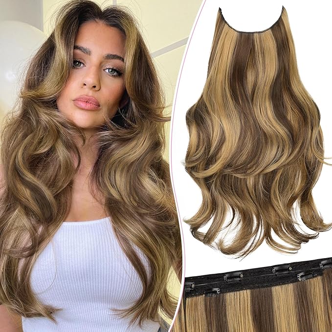 Invisible Wire Hair Extensions with Transparent Wire Adjustable Size 4 Secure Clips Long Wavy Secret Hairpiece 20 Inch for Women(Balayage Chocolate Brown to Caramel Blonde)