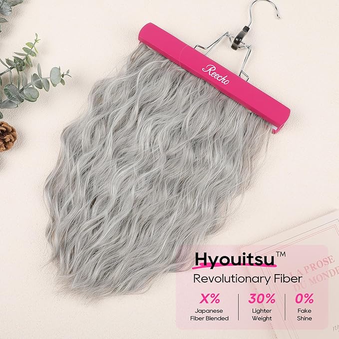 REECHO Clip in Hair Extensions, 4PCS Hair Extensions 14" Short Wavy Invisible Lace Weft Natural Soft Hairpieces for Women – Silver Grey