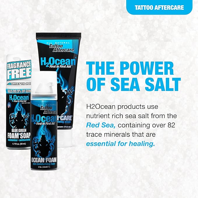 H2Ocean Ultimate Tattoo Aftercare Kit – Complete 3 Step Water-Based Skincare Regimen for Faster Tattoo Healing – Blue Green Foam Soap (1.7 oz), Ocean Care Cream (2.5 oz) & Ocean Foam Moisturizer(2 oz)