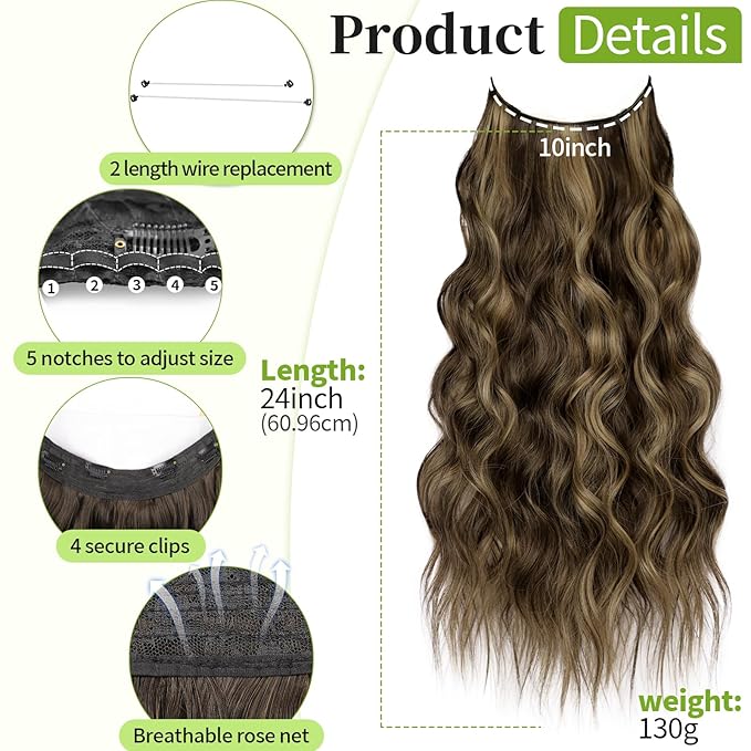 KooKaStyle Invisible Wire Hair Extensions with Transparent Headband Adjustable Size 4 Secure Clips Long Wavy Secret Wire Hairpiece 24 Inch for Women (Balayage Chocolate Brown to Caramel Blonde)