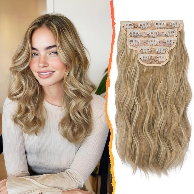BARSDAR Short Wavy Clip in Hair Extensions - 14 Inch Highlight Hair Extensions Clip ins for Women - 5PCs Thick Soft Synthetic Loose Wave Clip in Hairpieces – Golden Blonde with Highlights