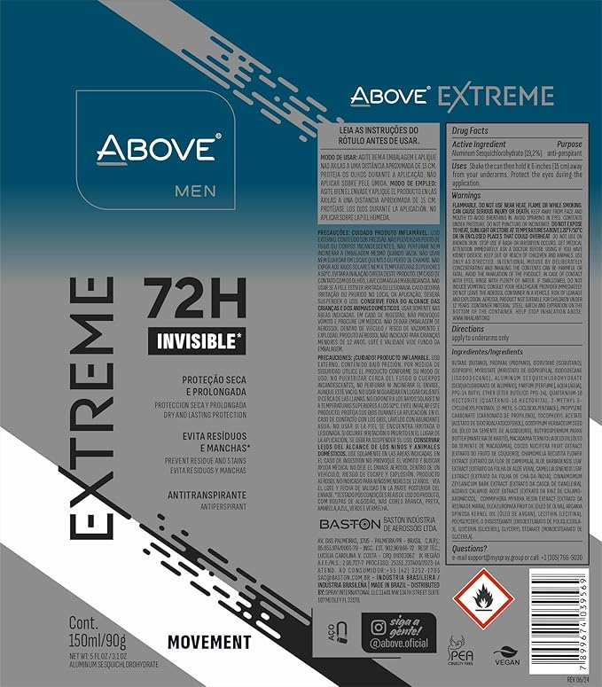 ABOVE Extreme Men Movement - 72H Deodorant Spray for Men(4 Pack) | Derma Clinical Antiperspirant, Whole Body Freshness | Long-Lasting Mens Body Spray Deodorant | No Stain, Alcohol and Aluminum-Free