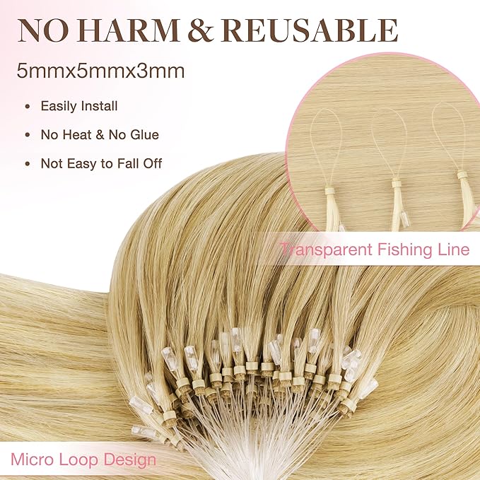 GOO GOO Micro Link Tip Hair Extensions Real Human Hair, 16inch 50g 50S, Cold Fusion Micro Link Tip, Invisible Remy Hair Extensions, 18AT60A Pearl Ash Blonde Highlights