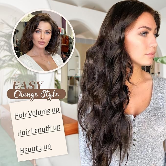 KooKaStyle Clip in Hair Extensions for Women,7PCS 16 Inch Dark Brown Hair Extensions Clip Ins Soft and Natural Hair Pieces for Women Thick Long Wavy Hair