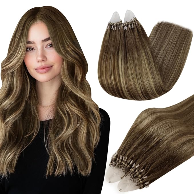 Full Shine Micro Loop Hair Extensions Human Hair 18 Inch 50G with 7G Micro Beads Medium Brown Ombre to Honey Blonde and Brown Micro Ring Hair Extensions Remy Human Hair for Women