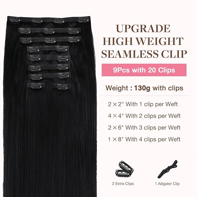 GOO GOO Clip in Hair Extensions Real Human Hair, Remy Human Hair Extensions Clip ins for Women, Natural Human Hair, 20inch 180g 9Pcs, #1 Jet Black