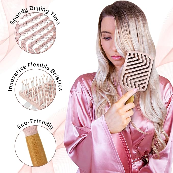 Lily England Paddle Hair Brush for Thick Hair Women - Professional Hairbrush with Vents - Lightweight Wooden Detangler for Smooth Styling - Pink