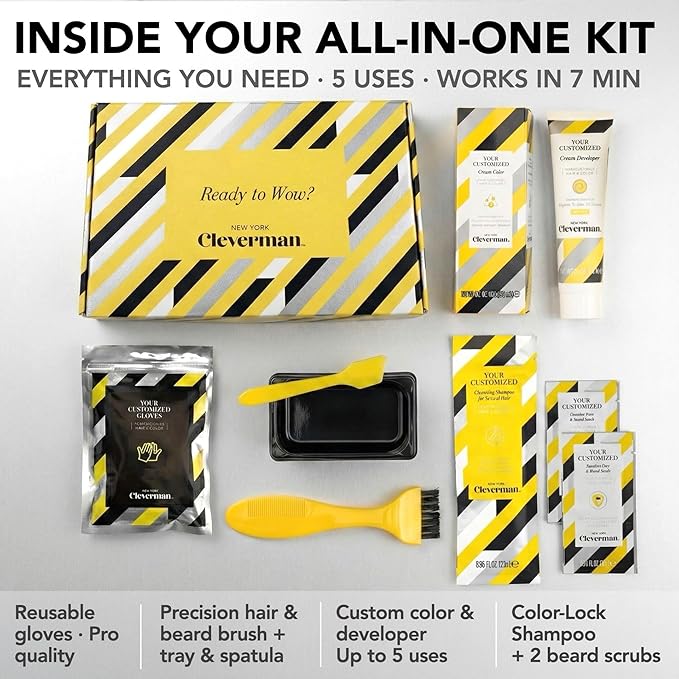 Cleverman Hair & Beard Dye Kit for Men, All-in-One Reusable Mens Hair Color, Natural Gray Coverage, Ammonia-Free Beard Mustache Dye for Men (Light Brown)