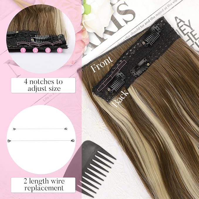 Invisible Wire Hair Extensions with Transparent Wire Adjustable Size 4 Secure Clips Long Wavy Secret Hairpiece 20 Inch for Women(Light Brown with Caramel Blonde)