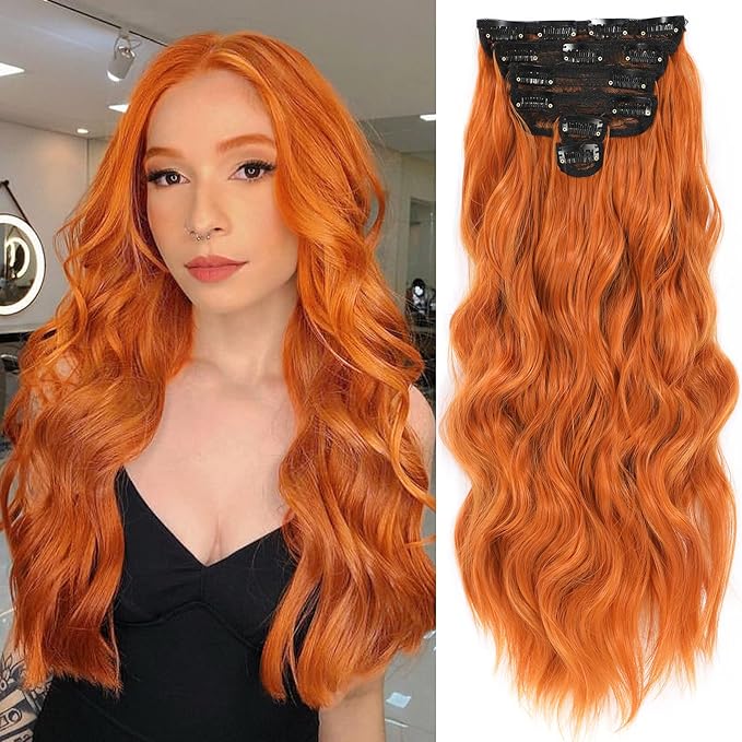 NAYOO Clip in Hair Extensions for Women 20 Inch Long Wavy Curly Ginger Orange Hairpieces Full Head Synthetic Hair Hairpieces (6PCS, Ginger Orange)