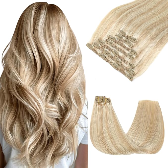Clip In Hair Extensions Real Human Hair, 20inch 160g 7pcs Hair Extensions Caramel Blonde Highlighted platinum blonde Hair Extensions Clip ins, Real Hair Extensions for Women(#27P60-20inch)