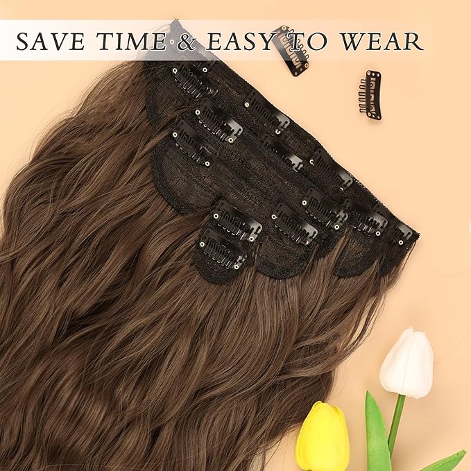 NAYOO Clip in Hair Extensions for Women 20 Inch Long Wavy Curly Chestnut Brown Hairpieces Full Head Synthetic Hair Hairpieces(6PCS,Chestnut Brown)
