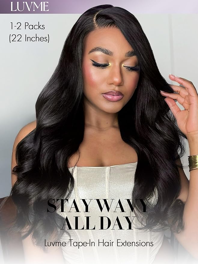 LUVME Tape in Hair Extensions Human Hair 16 Inch 110g 50pcs Body Wave Natural Black Invisible Seamless Double Sided Extensions
