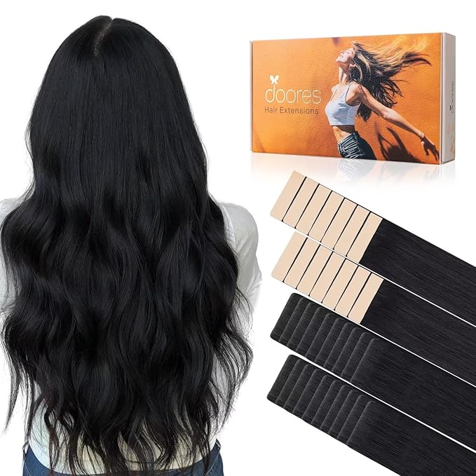 DOORES Injected Tape in Hair Extensions Invisi Edge, Jet Black 20 Injection Tape-ins with 20 Classic Tape-ins 100g 16 Inch, Injected Tape in Extensions Virgin Human Hair Seamless