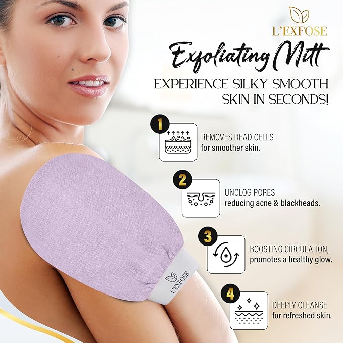 L'Exfose Kessa Hammam Deep Exfoliating Glove 4pc - Korean Exfoliating Mitt for Shower Ideal for Dead Skin Remover, Keratosis Pilaris & Self-Tanning to Improve Skin Tone Made with 100% Natural Viscose