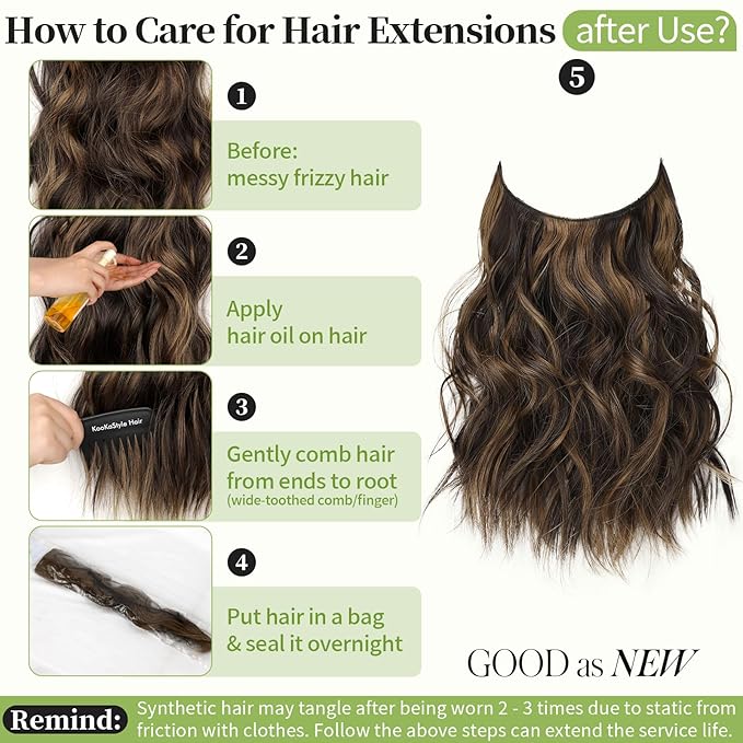 KooKaStyle Invisible Wire Hair Extensions with Transparent Headband Adjustable Size 4 Secure Clips Long Wavy Highlight Hairpiece 12 Inch H2/426#Balayage Dark Brown to Chestnut for Women