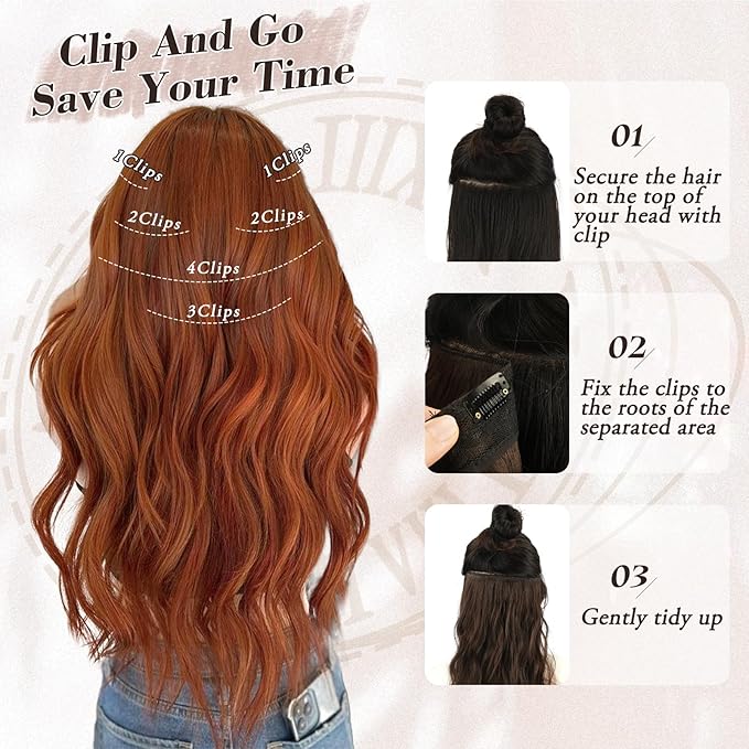 BARSDAR Copper Red Hair Extensions - 20 Inch Wavy Clip in for Women - 6PCs Full Head Thick Soft Synthetic Hairpieces for Daily Party Halloween
