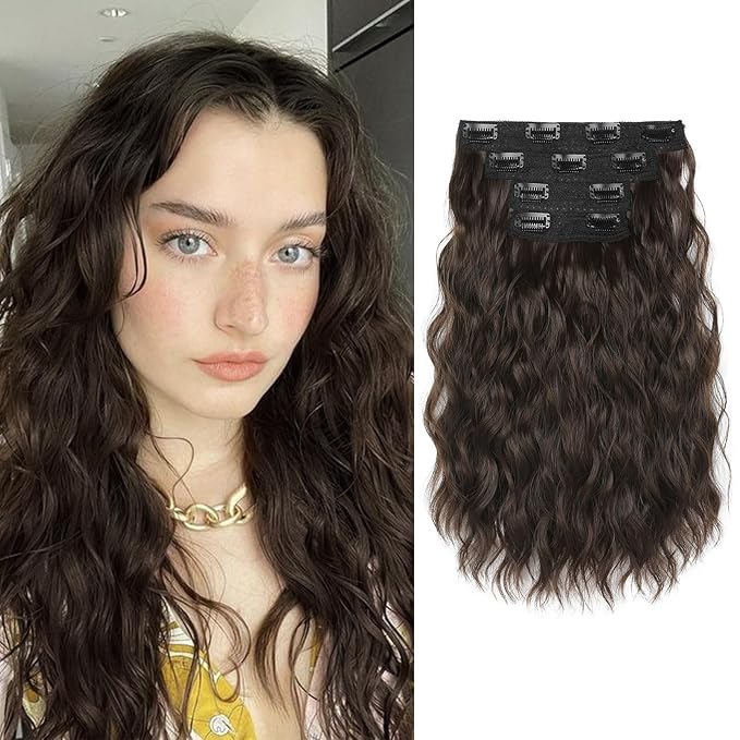REECHO Clip in Hair Extensions, 4PCS Hair Extensions 14" Short Wavy Invisible Lace Weft Natural Soft Hairpieces for Women – Chocolate Brown