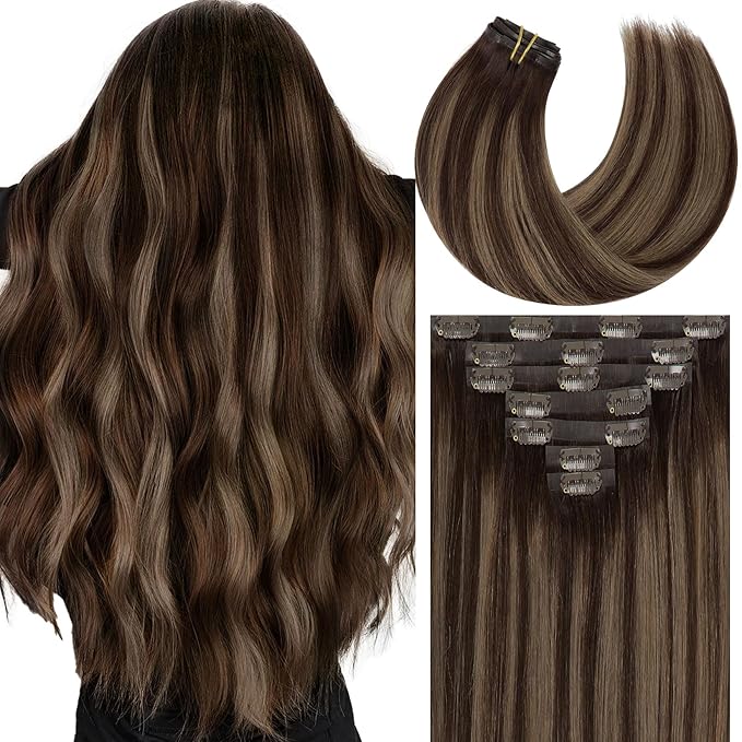 Caliee Seamless Clip in Hair Extensions Remy Human Hair 7 Pcs Ultra Thin PU Skin Weft Balayage Hair Extensions Clip ins R2-2-6 Chestnut Brown Mixed Dark Brown 14 Inch 110G