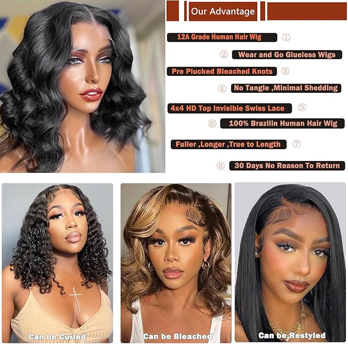 IUPin 4×4 Bob Wig Human Hair Body Wave Lace Front Wigs Human Hair for Women HD Lace Closure Wigs Glueless Human Hair Pre Plucked 200 Density Natural Hairline Short Bob Wigs Human Hair 16 inch