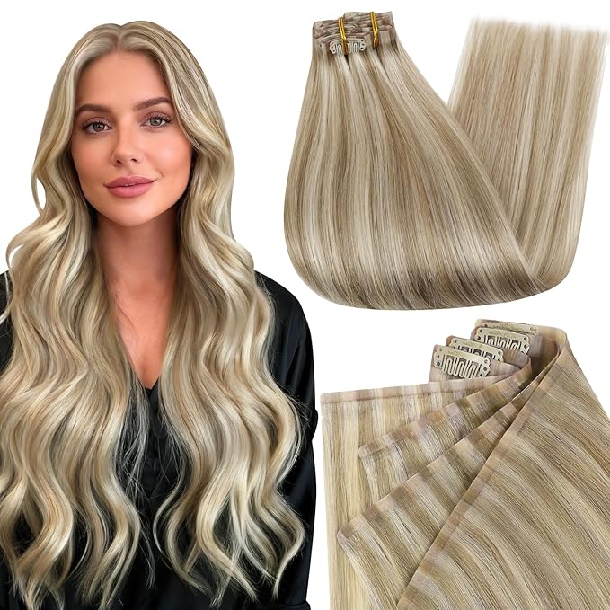 Full Shine Clip in Hair Extensions 22 inch 160g 8Pcs Seamless Human Hair Clip in Extensions Golden Blonde Mix Light Blonde Remy Hair Clip ins PU Skin Weft