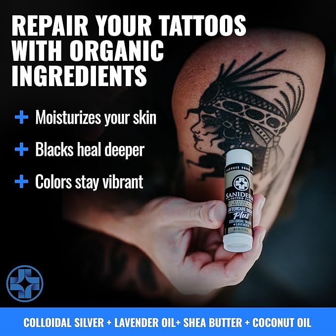 Saniderm Tattoo Aftercare Balm PLUS+ - Small (0.6 oz) – Petroleum Free, Organic Tattoo Moisturizer Infused with Colloidal Silver, Lavender Oil, and Other Natural Ingredients