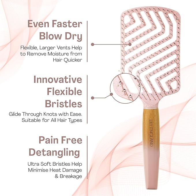 Lily England Paddle Hair Brush for Thick Hair Women - Professional Hairbrush with Vents - Lightweight Wooden Detangler for Smooth Styling - Pink