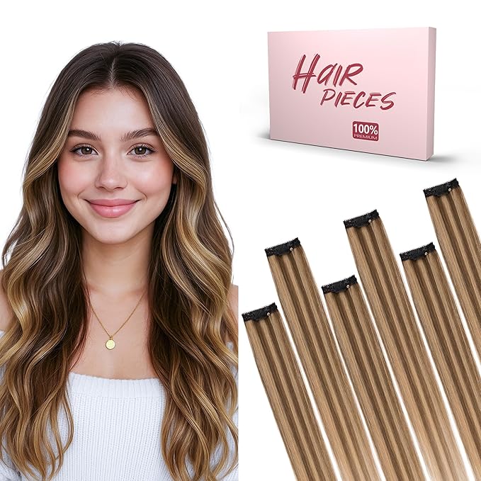 SEGO Single Clip In Hair Extensions Real Human Hair 6 Pcs Individual Clip Ins Highlight Remy Balayage Straight Soft Seamless Hairpieces for Women -14 Inch #4P27 Medium Brown&Dark Blonde