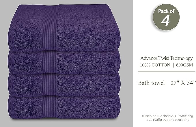 Softolle Luxury Bath Towels Set of 4 (27” x 54”) | Towels for Bathroom | Super Soft | Highly Absorbent Towels for Home, Spa, Gym (Purple)