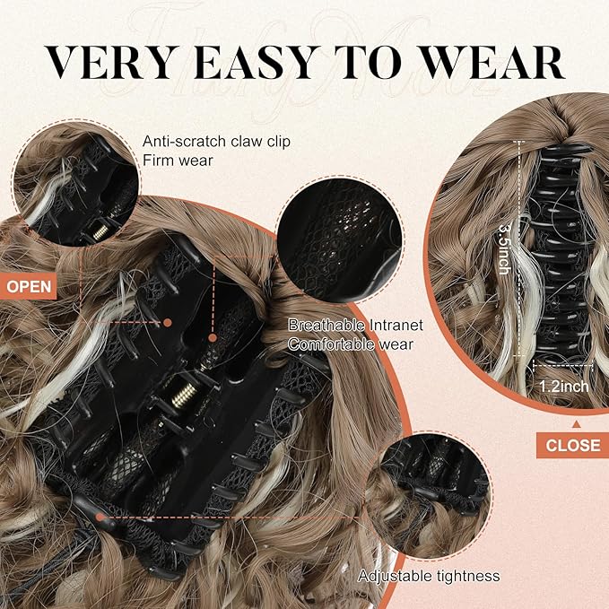 FLUFYMOOZ Ponytail Extension, 12" Short Claw Ponytail Extension Wavy Curly Jaw Clip in Pony tails Hair Extension Natural Synthetic Hairpiece for Women(Ash Brown with Blonde Highlights)