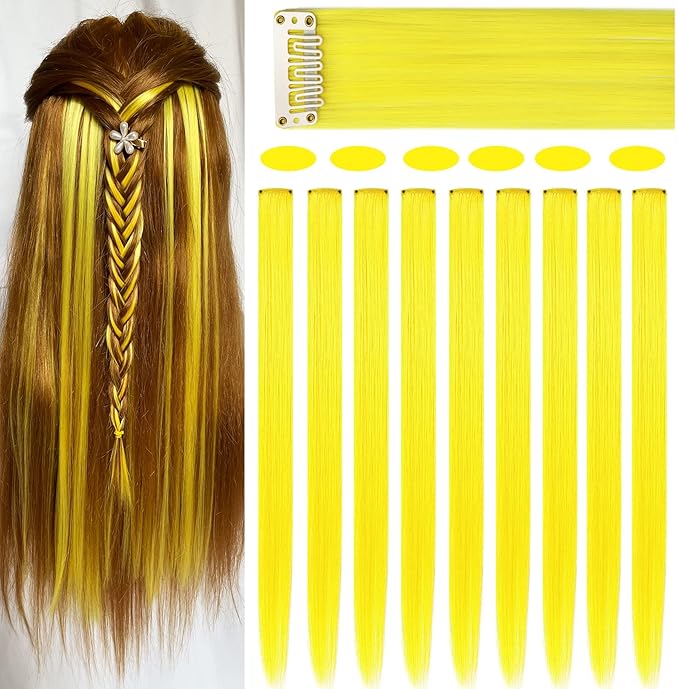 Rhyme 9PCS Princess Party Highlight Yellow Hairpieces 21 inch Colored Hair Extensions Clip in/on for Girls and Women Wig Pieces Hair Accessories (Yellow)