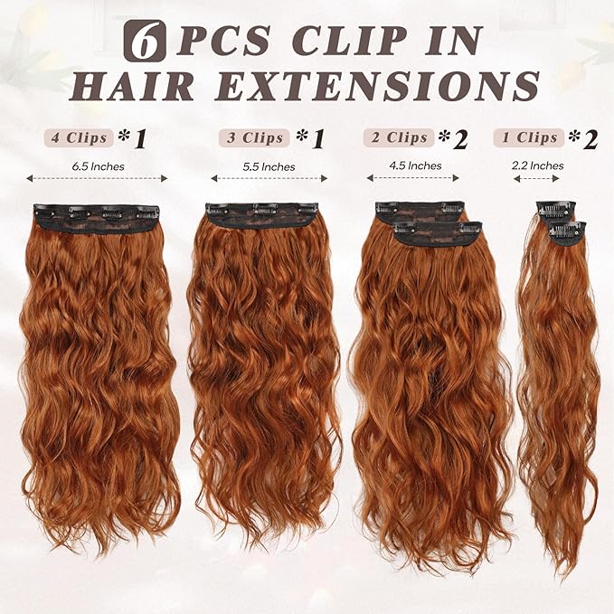BARSDAR Copper Clip in Hair Extensions - 20 Inch 6PCs Full Head Beach Wavy Clip in Hair Extensions for Women - Voluminous Thick Soft Synthetic Hairpieces Daily Party Halloween- Cowboy Ginger Copper