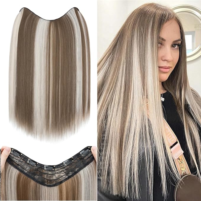 S-noilite One Piece Clip in Hair Extensions Balayage 18 Inch U-Shaped One Piece Weft Hair Extensions with 5 Clips Synthetic 3/4 Full Head Long Straight Clip in Hairpieces for Women,#18TP60A