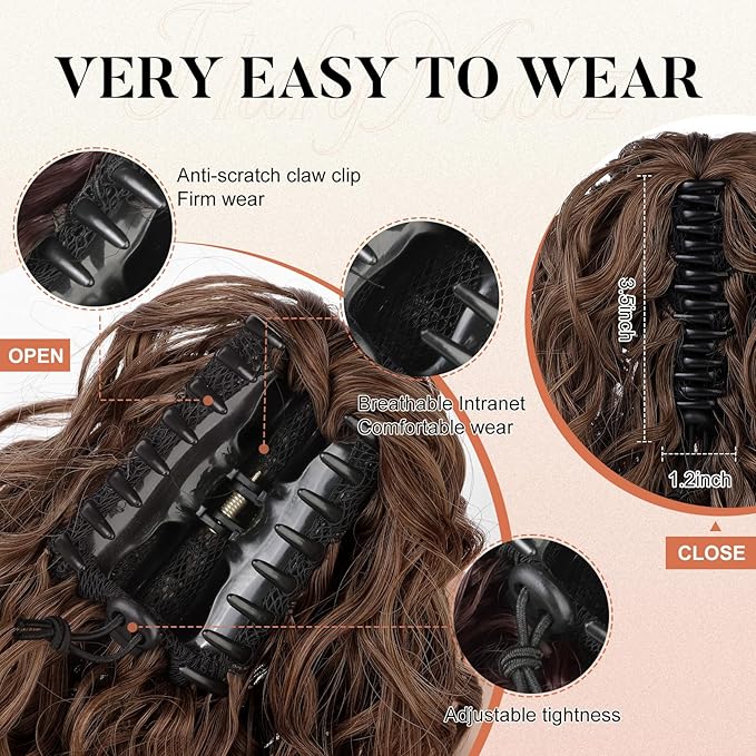 Flufymooz Ponytail Extension, 12" Short Claw Ponytail Extension Wavy Curly Jaw Clip in Pony tails Hair Extension Natural Synthetic Hairpiece for Women (Medium Chocolate Brown)