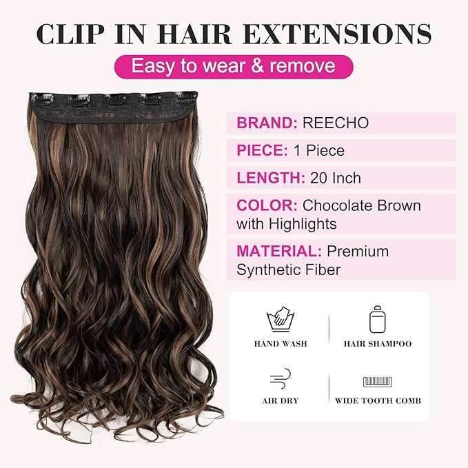 REECHO 20" 1-pack 3/4 Full Head Curly Wave Clips in on Synthetic Hair Extensions HE008 Hair pieces for Women 5 Clips 4.5 Oz Per Piece - Chocolate Brown with Highlights