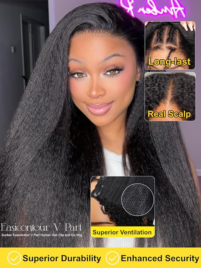 Sunber EasiContour Kinky Straight V Part Human Hair Glueless Wigs with Drawstring No Leave Out No Gel 180% Density Vpart light Kinky straight Clip In Half Wigs No Leave Out Real Scalp V Shape 18Inch