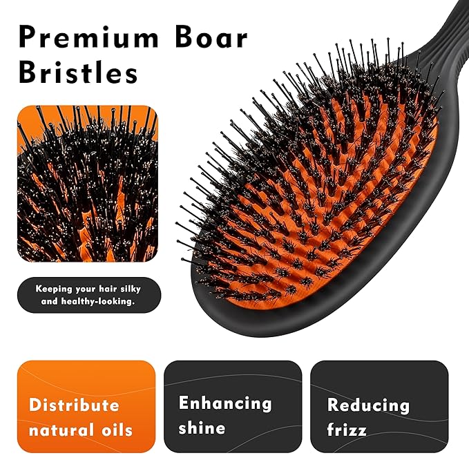 Hair Brush, Nylon and 100% First Cut Soft Boar Bristle Brush for Women Men Kids - Suitable for Fine/Thick/Long/Curly/Thinning/Wet/Dry Hair,Smooths Frizz and Enhance Shine & Salon-Quality